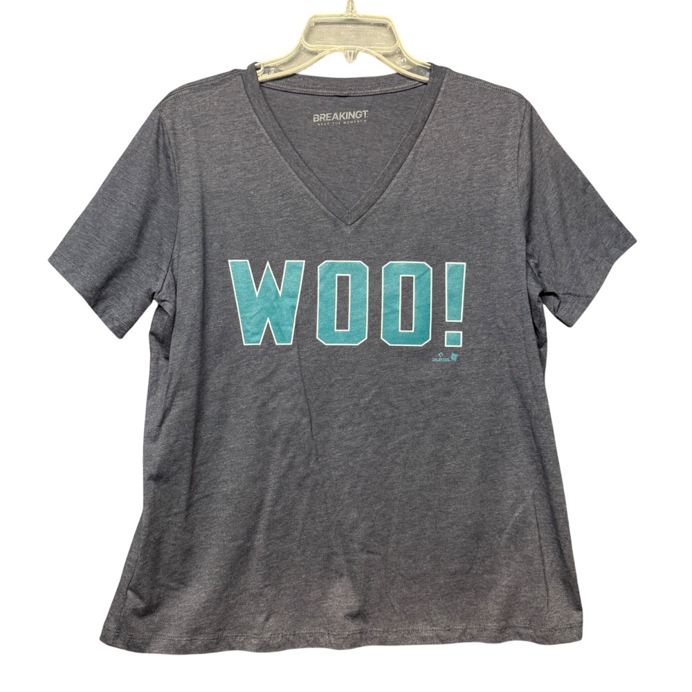 BreakingT Woo! Graphic T-Shirt V-Neck Heather Blue Gray Sports Fan Tee Large